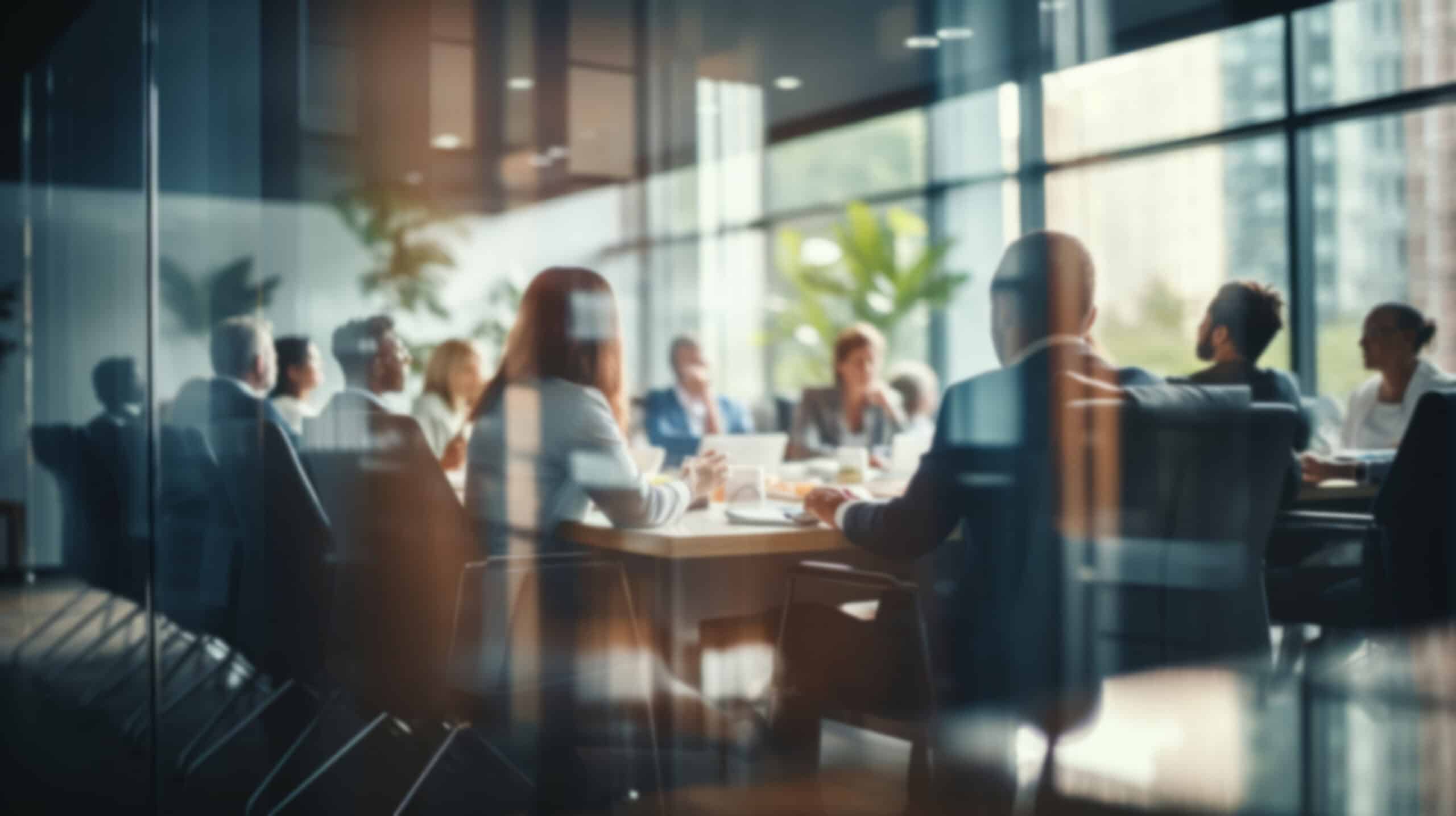 A boardroom full of business people having a meeting, as viewed through a glass wall, representing Employment Law in Calgary, Alberta.