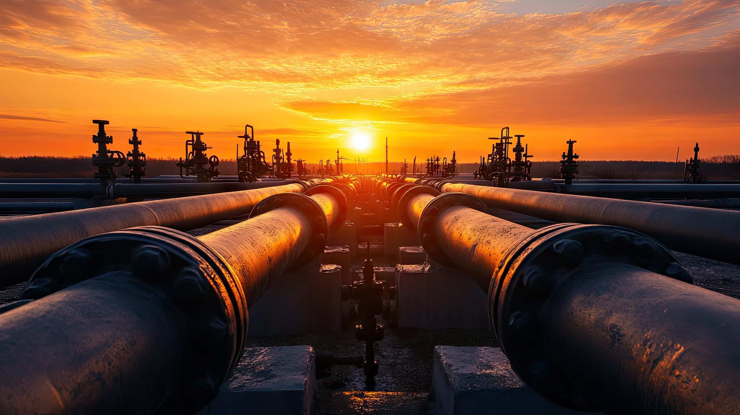 Sunset view of an oil field, with pipelines silhouetted against a sunset, representing Oil & Gas Law in Calgary and Strathmore, Alberta.