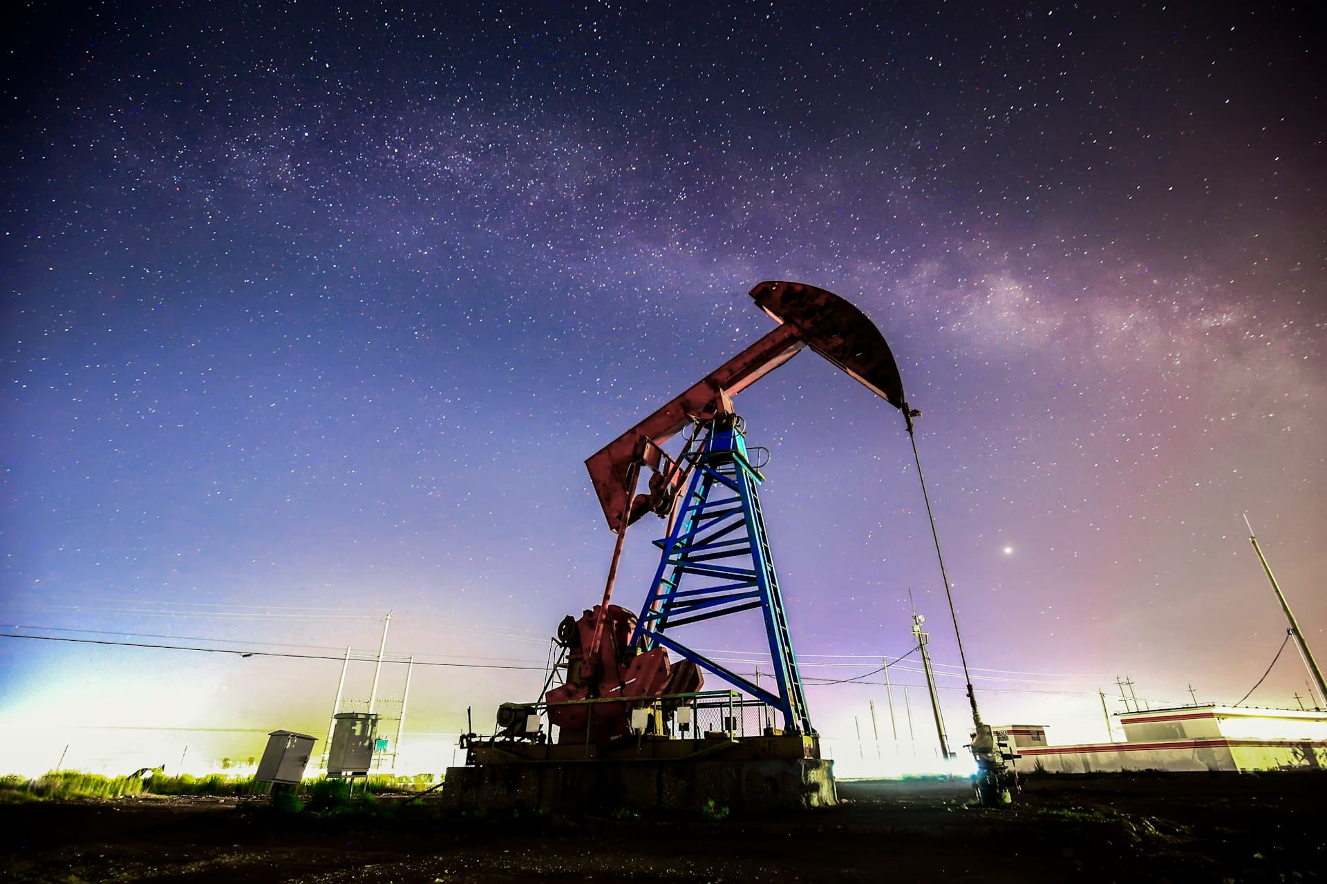 An oil pump against a starry night sky, representing oil and gas bids and tenders and after-acquired cause for an executive's termination in Alberta